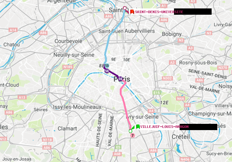 plan itinéraire ratp de Villejuif-Louis Aragon à Saint-Denis-Universite