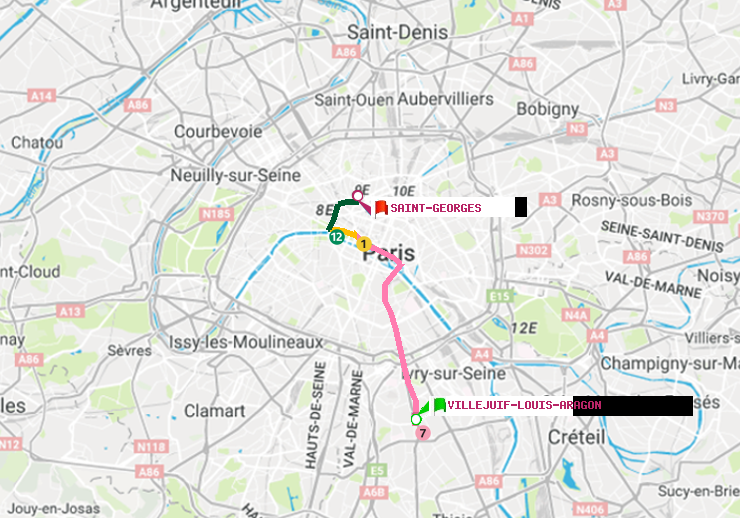 plan itinéraire ratp de Villejuif-Louis Aragon à Saint-Georges