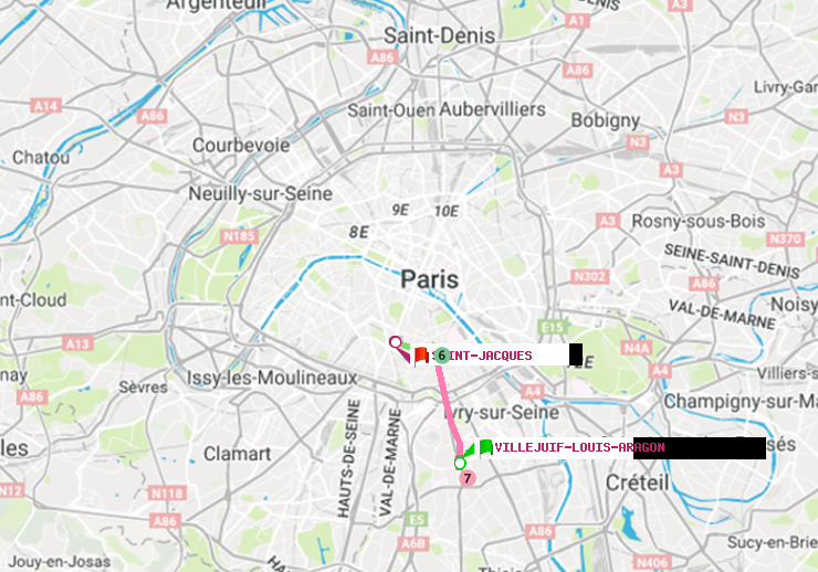 plan itinéraire ratp de Villejuif-Louis Aragon à Saint-Jacques