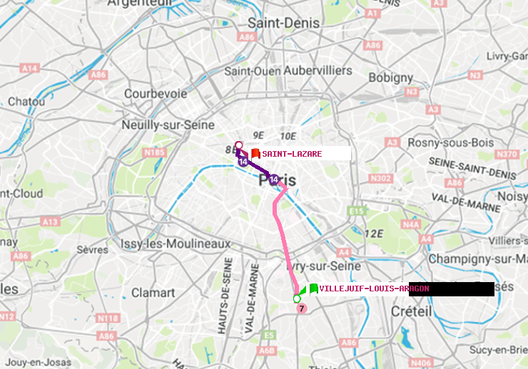 plan itinéraire ratp de Villejuif-Louis Aragon à Saint-Lazare