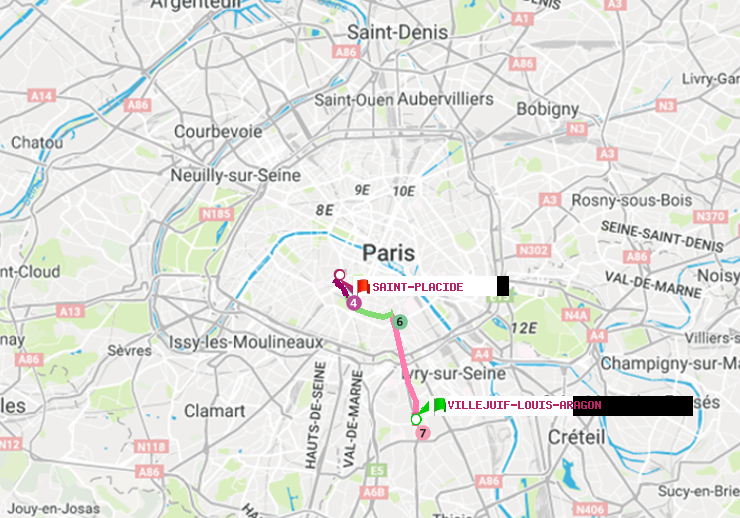 plan itinéraire ratp de Villejuif-Louis Aragon à Saint-Placide