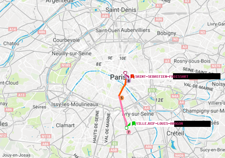plan itinéraire ratp de Villejuif-Louis Aragon à Saint-Sébastien-Froissart