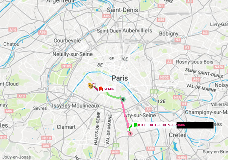 plan itinéraire ratp de Villejuif-Louis Aragon à Ségur