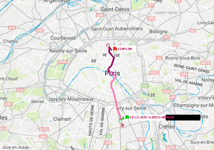 plan itinéraire ratp de Villejuif-Louis Aragon à Simplon