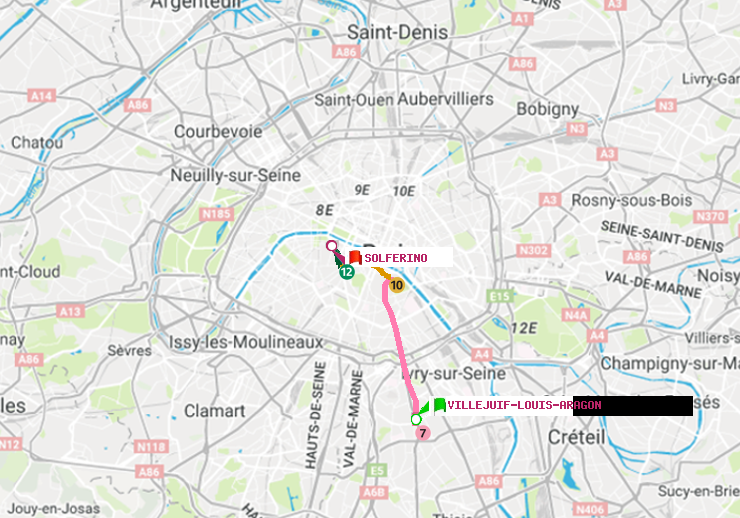 plan itinéraire ratp de Villejuif-Louis Aragon à Solférino