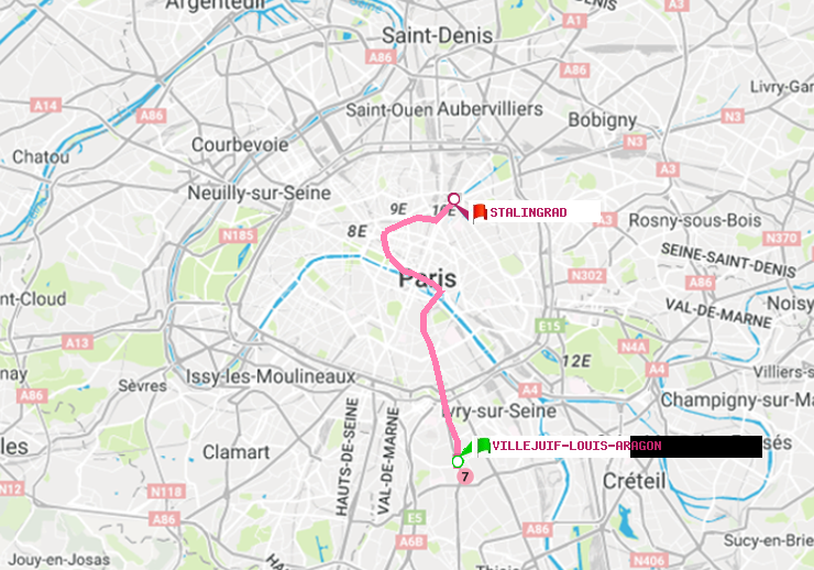 plan itinéraire ratp de Villejuif-Louis Aragon à Stalingrad
