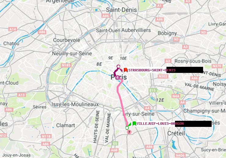 plan itinéraire ratp de Villejuif-Louis Aragon à Strasbourg-Saint-Denis