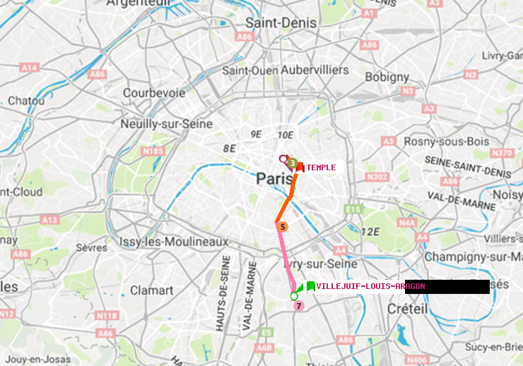 plan itinéraire ratp de Villejuif-Louis Aragon à Temple