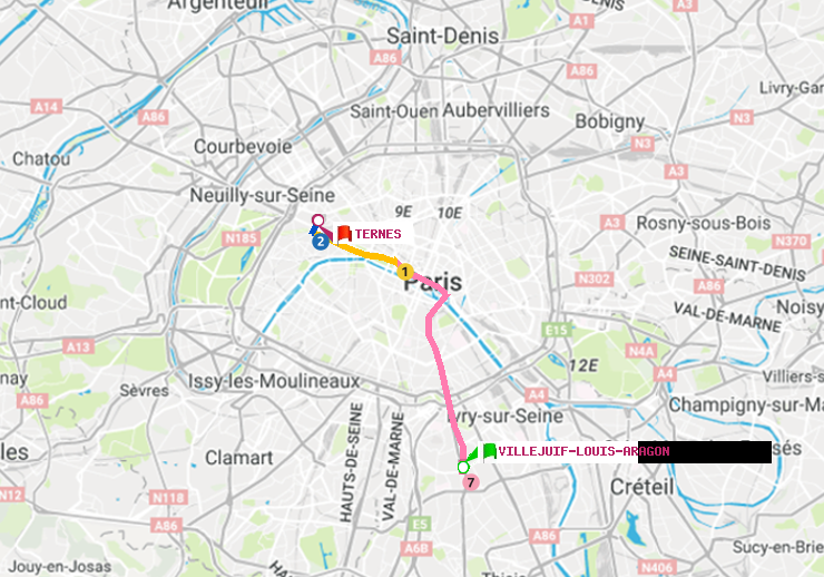 plan itinéraire ratp de Villejuif-Louis Aragon à Ternes