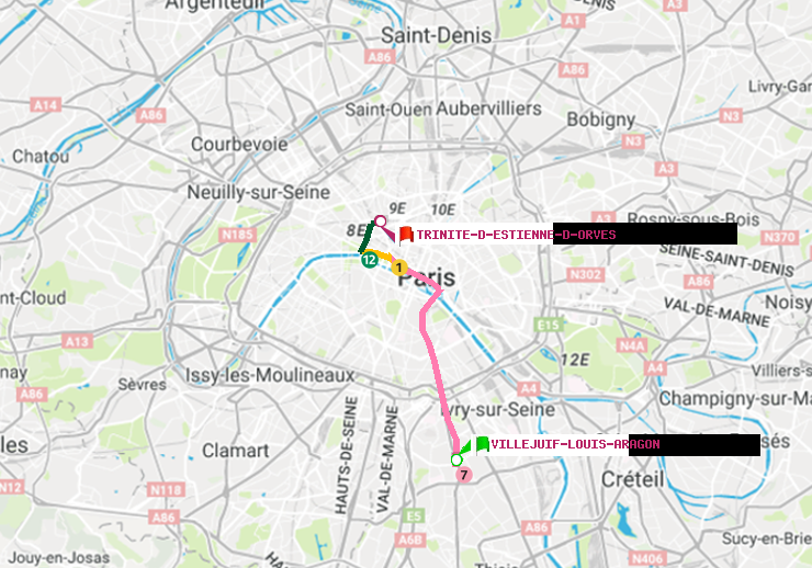 plan itinéraire ratp de Villejuif-Louis Aragon à Trinité-d