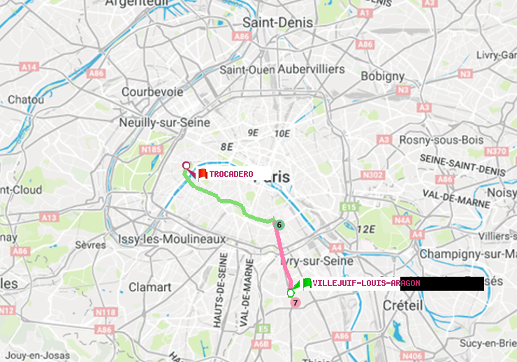 plan itinéraire ratp de Villejuif-Louis Aragon à Trocadéro