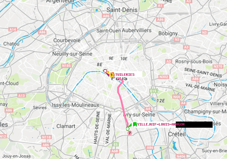 plan itinéraire ratp de Villejuif-Louis Aragon à Tuileries