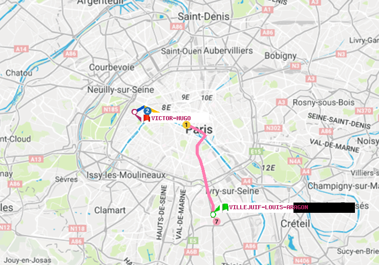 plan itinéraire ratp de Villejuif-Louis Aragon à Victor Hugo