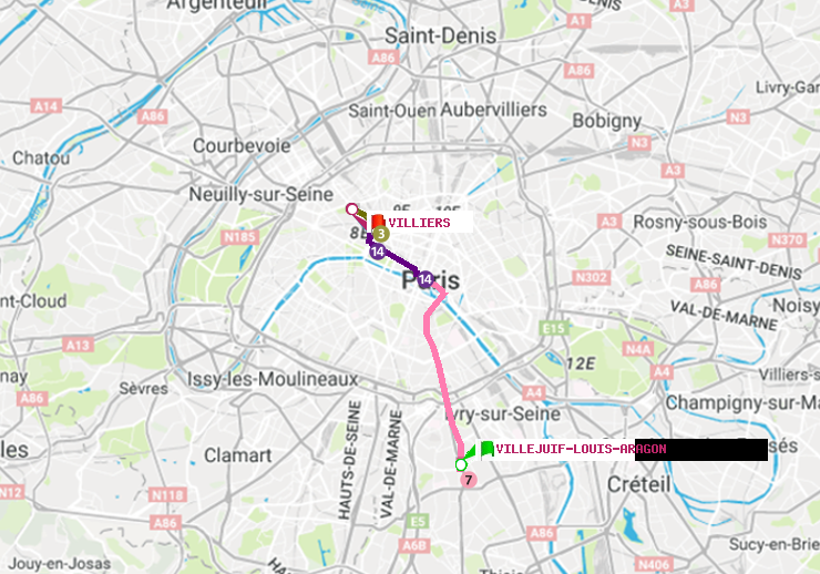 plan itinéraire ratp de Villejuif-Louis Aragon à Villiers