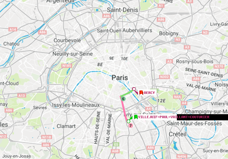plan itinéraire ratp de Villejuif-Paul Vaillant Couturier (Hôpital Paul Brousse) à Bercy