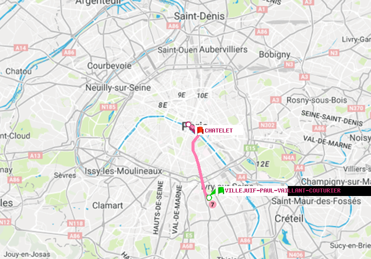 plan itinéraire ratp de Villejuif-Paul Vaillant Couturier (Hôpital Paul Brousse) à Châtelet