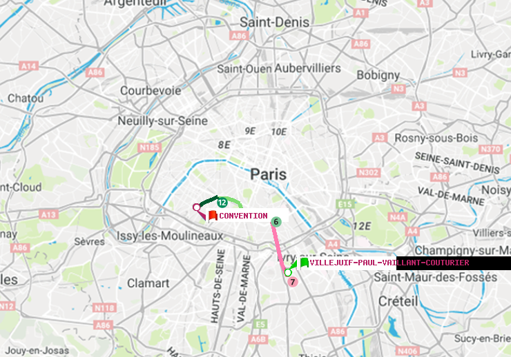 plan itinéraire ratp de Villejuif-Paul Vaillant Couturier (Hôpital Paul Brousse) à Convention