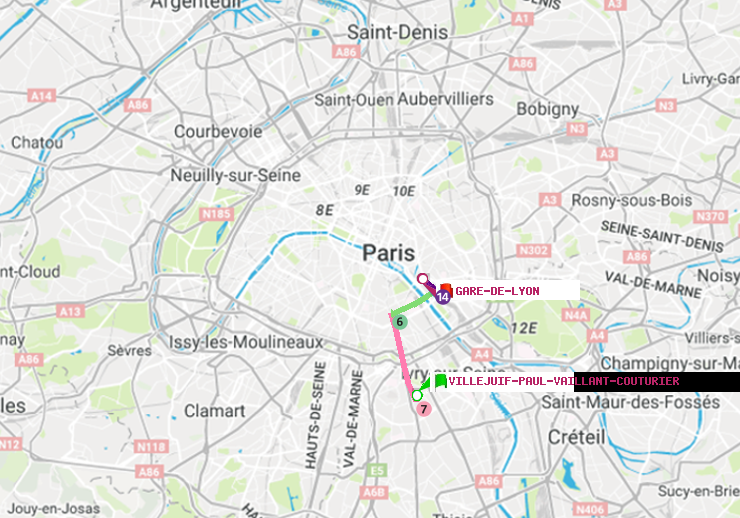 plan itinéraire ratp de Villejuif-Paul Vaillant Couturier (Hôpital Paul Brousse) à Gare de Lyon