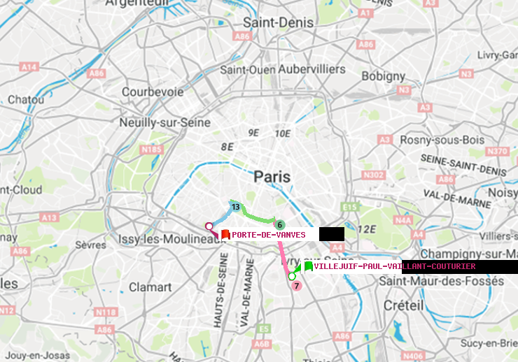 plan itinéraire ratp de Villejuif-Paul Vaillant Couturier (Hôpital Paul Brousse) à Porte de Vanves