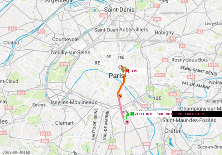 plan itinéraire ratp de Villejuif-Paul Vaillant Couturier (Hôpital Paul Brousse) à Temple