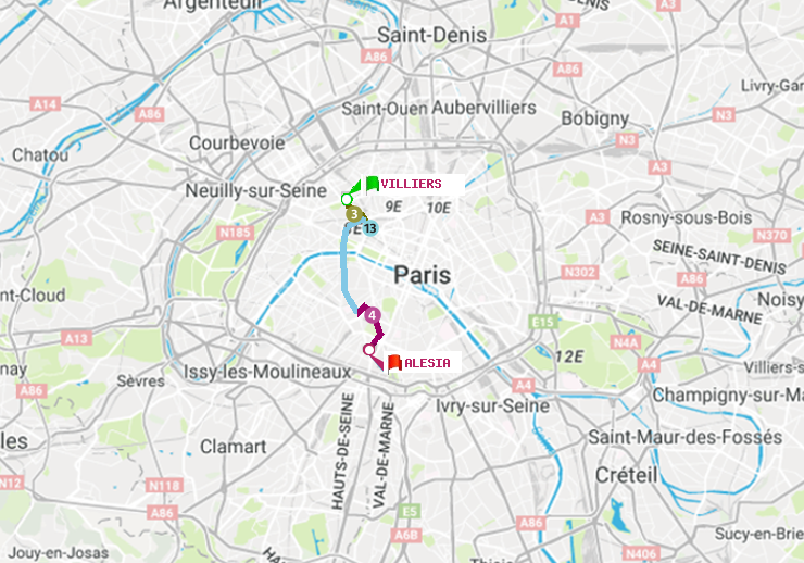 plan itinéraire ratp de Villiers à Alésia