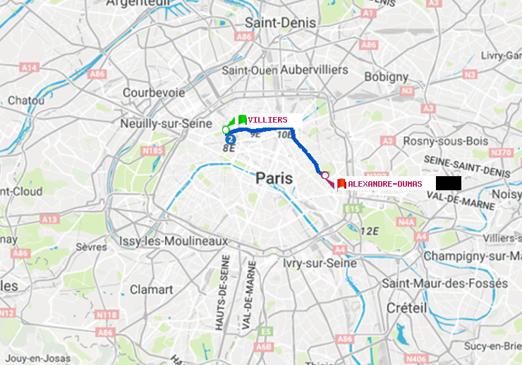 plan itinéraire ratp de Villiers à Alexandre-Dumas