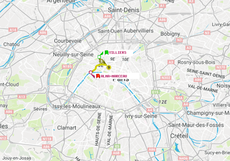 plan itinéraire ratp de Villiers à Alma-Marceau