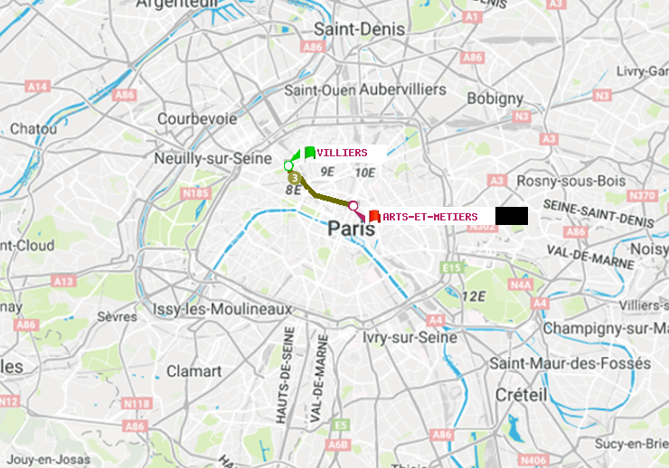 plan itinéraire ratp de Villiers à Arts-et-Métiers