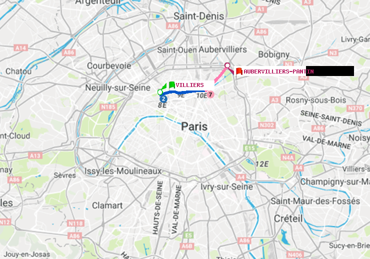 plan itinéraire ratp de Villiers à Aubervilliers Pantin (4 Chemins)