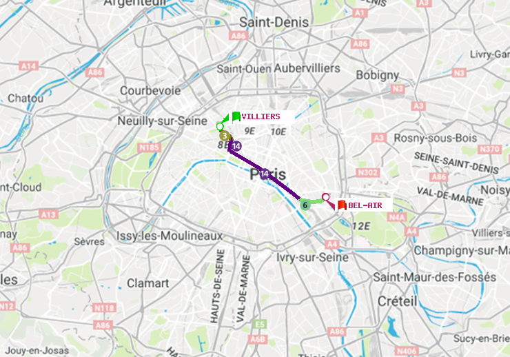 plan itinéraire ratp de Villiers à Bel-Air