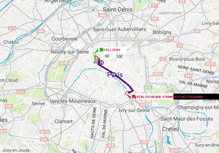 plan itinéraire ratp de Villiers à Bibliotheque-Francois Mitterrand