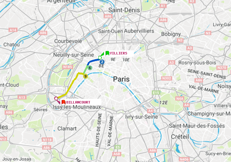 plan itinéraire ratp de Villiers à Billancourt