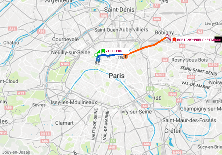 plan itinéraire ratp de Villiers à Bobigny-Pablo-Picasso