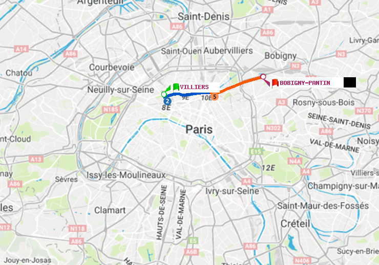 plan itinéraire ratp de Villiers à Bobigny-Pantin (Raymond Queneau)