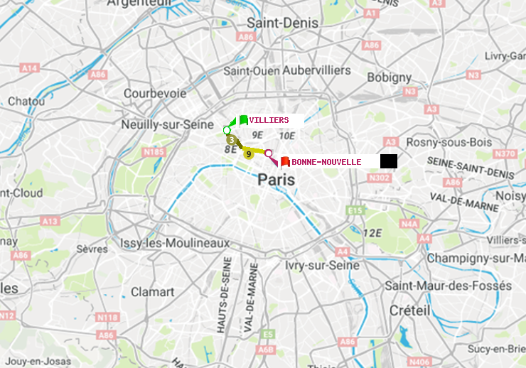 plan itinéraire ratp de Villiers à Bonne Nouvelle