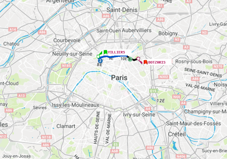 plan itinéraire ratp de Villiers à Botzaris