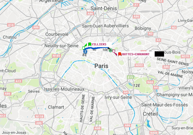 plan itinéraire ratp de Villiers à Buttes-Chaumont
