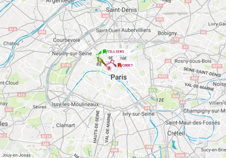 plan itinéraire ratp de Villiers à Cadet