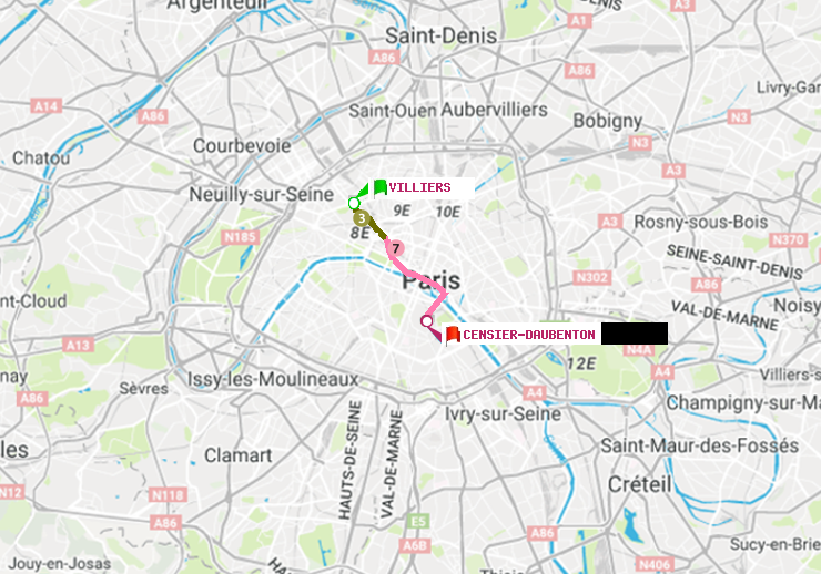 plan itinéraire ratp de Villiers à Censier-Daubenton