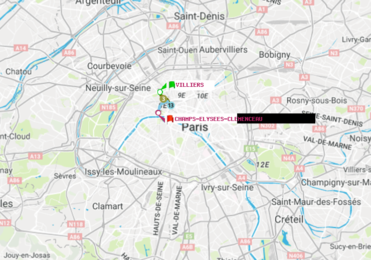 plan itinéraire ratp de Villiers à Champs-Elysées-Clémenceau