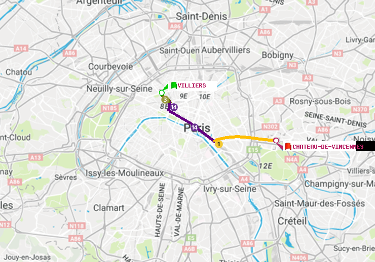 plan itinéraire ratp de Villiers à Château de Vincennes