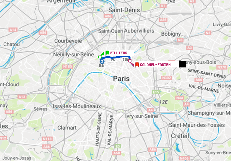 plan itinéraire ratp de Villiers à Colonel Fabien