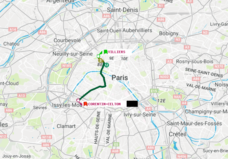 plan itinéraire ratp de Villiers à Corentin-Celton