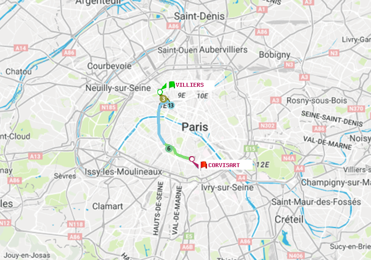 plan itinéraire ratp de Villiers à Corvisart