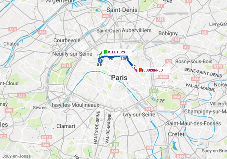 plan itinéraire ratp de Villiers à Couronnes