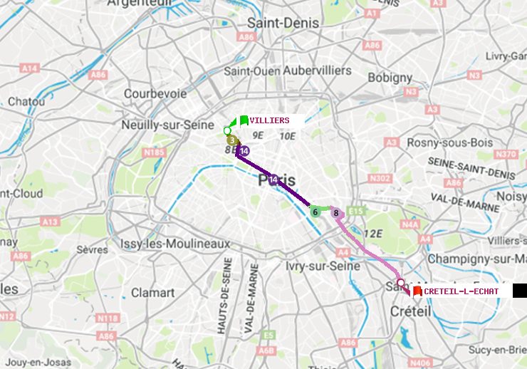 plan itinéraire ratp de Villiers à Créteil-L