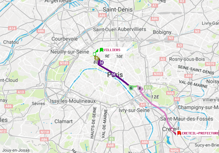 plan itinéraire ratp de Villiers à Créteil-Préfecture (Hôtel de Ville)