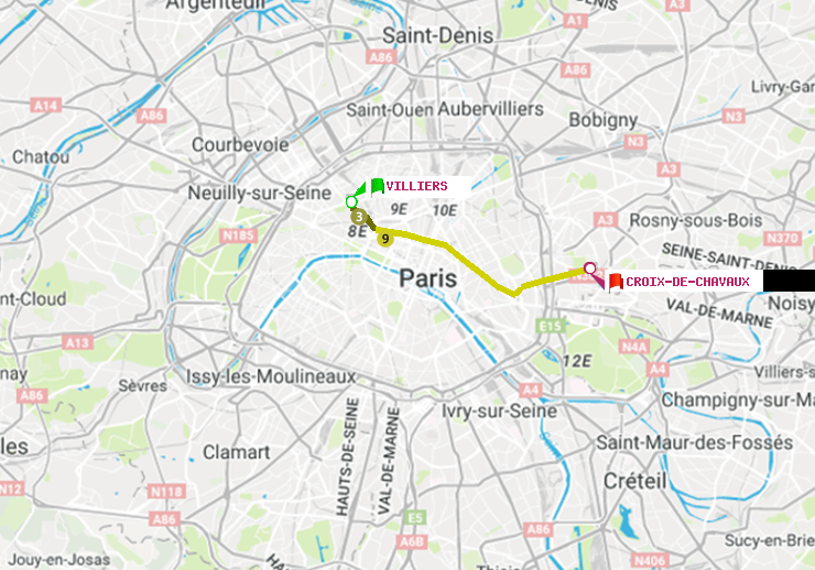 plan itinéraire ratp de Villiers à Croix-de-Chavaux (Jacques Duclos)