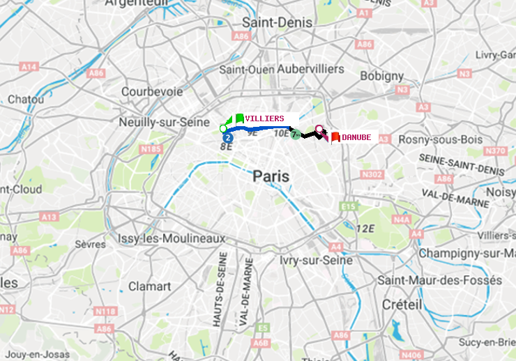 plan itinéraire ratp de Villiers à Danube