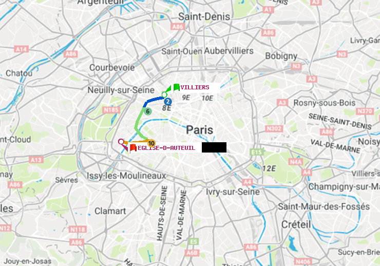 plan itinéraire ratp de Villiers à Eglise d